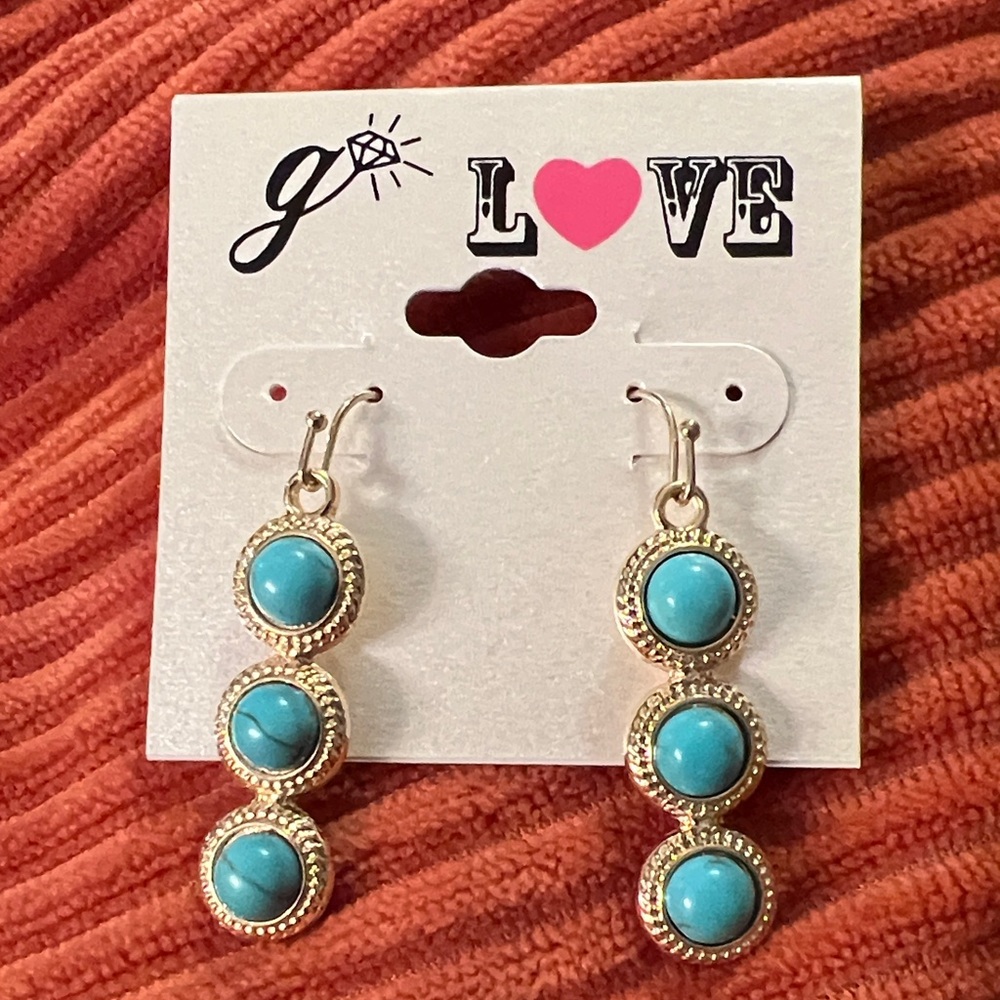 3/$15 Love Gold and Turquoise Triple Drop Earrings Lot 189